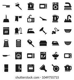 Flat vector icon set - scraper vector, vacuum cleaner, fetlock, scoop, sponge, iron, drying clothes, washer, sink, water tap, pan, kettle, colander, grater, microwave oven, fridge, dishwasher