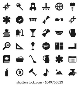 Flat vector icon set - scraper vector, vacuum cleaner, window cleaning, foam basin, agent, woman, colander, ladle, cookbook, jug, corner ruler, music, exchange, punching bag, calendar, glass, dna