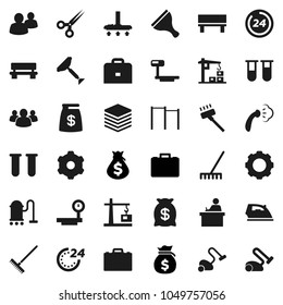 Flat vector icon set - scraper vector, vacuum cleaner, rake, iron, steaming, student, case, money bag, horizontal bar, big scales, group, vial, scissors, data, gear, bench, construction crane