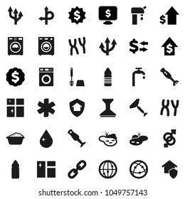 Flat vector icon set - scraper vector, water drop, car fetlock, window cleaning, toilet brush, washer, foam basin, shining, blender, exchange, dollar growth, medal, monitor, bottle, route, internet