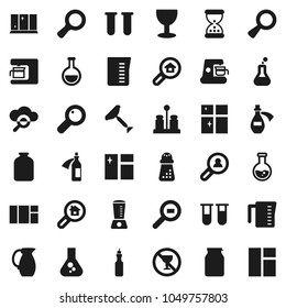 Flat vector icon set - scraper vector, window cleaning, shining, measuring cup, hand mill, spices, jug, jar, oil, magnifier, flask, no alcohol sign, glass, cargo search, vial, sand clock, potion