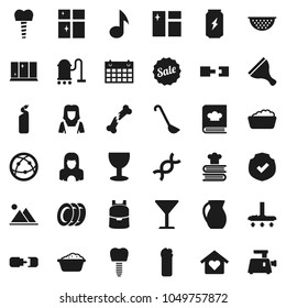 Flat vector icon set - scraper vector, vacuum cleaner, window cleaning, foam basin, agent, plates, shining, woman, colander, ladle, cookbook, jug, backpack, music, enegry drink, calendar, glass, dna