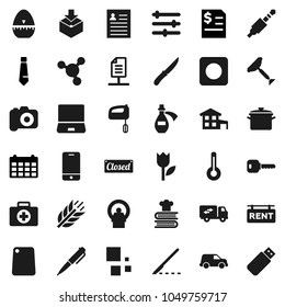 Flat vector icon set - scraper vector, pan, cook timer, knife, cutting board, cookbook, pen, personal information, molecule, annual report, tie, calendar, cereals, first aid kit, car, tulip, package