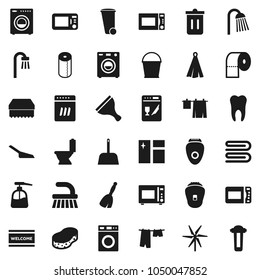 Flat vector icon set - scraper vector, broom, fetlock, scoop, bucket, sponge, towel, trash bin, window cleaning, welcome mat, toilet, drying clothes, washer, liquid soap, paper, shower, tooth, bath