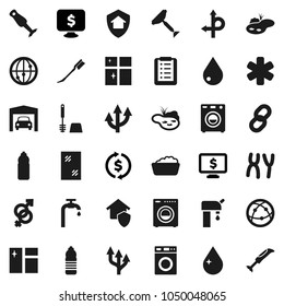 Flat vector icon set - scraper vector, water drop, car fetlock, window cleaning, toilet brush, washer, foam basin, shining, blender, exchange, monitor dollar, bottle, route, internet, ambulance star