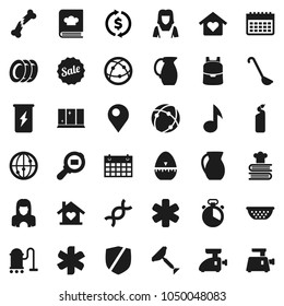 Flat vector icon set - scraper vector, vacuum cleaner, cleaning agent, plates, shining window, woman, colander, cook timer, ladle, cookbook, jug, backpack, music, exchange, enegry drink, calendar