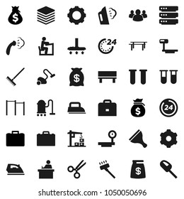 Flat vector icon set - scraper vector, vacuum cleaner, rake, iron, steaming, student, case, money bag, horizontal bar, big scales, group, vial, scissors, data, gear, bench, construction crane