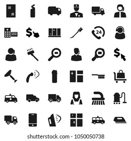 Flat vector icon set - scraper vector, vacuum cleaner, fetlock, car, window cleaning, steaming, agent, shining, woman, dollar cursor, phone 24, support, delivery, cargo search, mobile, doctor, iron