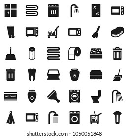 Flat vector icon set - scraper vector, cleaner trolley, broom, scoop, sponge, towel, trash bin, window cleaning, welcome mat, toilet, washer, shining, paper, shower, microwave oven, tooth, bath