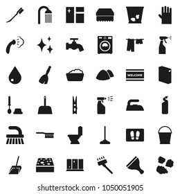 Flat vector icon set - scraper vector, broom, vacuum cleaner, fetlock, mop, scoop, bucket, clothespin, sponge, trash bin, water drop, tap, car, shining, window cleaning, welcome mat, iron, steaming