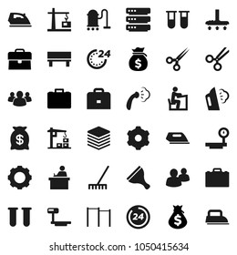 Flat vector icon set - scraper vector, vacuum cleaner, rake, iron, steaming, student, case, money bag, horizontal bar, big scales, group, vial, scissors, data, gear, bench, construction crane