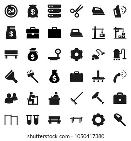 Flat vector icon set - scraper vector, vacuum cleaner, rake, iron, steaming, student, case, money bag, horizontal bar, big scales, group, vial, scissors, data, gear, bench, construction crane