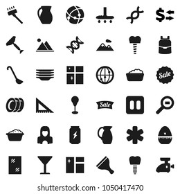 Flat vector icon set - scraper vector, vacuum cleaner, window cleaning, foam basin, plates, shining, woman, cook timer, ladle, jug, corner ruler, backpack, exchange, punching bag, enegry drink, dna