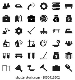 Flat vector icon set - scraper vector, vacuum cleaner, rake, iron, steaming, student, case, money bag, horizontal bar, big scales, group, vial, data, gear, bench, construction crane, 24 hour