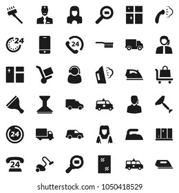 Flat vector icon set - scraper vector, vacuum cleaner, fetlock, car, window cleaning, iron, steaming, shining, woman, phone 24, support, delivery, cargo search, mobile, amkbulance, doctor, hour