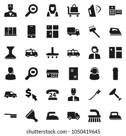 Flat vector icon set - scraper vector, vacuum cleaner, fetlock, car, window cleaning, iron, steaming, agent, shining, woman, dollar cursor, phone 24, support, delivery, cargo search, mobile, doctor
