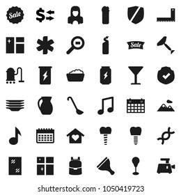 Flat vector icon set - scraper vector, vacuum cleaner, window cleaning, foam basin, agent, plates, shining, woman, ladle, jug, corner ruler, backpack, music, exchange, punching bag, enegry drink