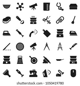 Flat vector icon set - scraper vector, broom, sponge, iron, steaming, pan, colander, measuring cup, ladle, rolling pin, cutting board, grater, double boiler, blender, sieve, drawing compass, scalpel