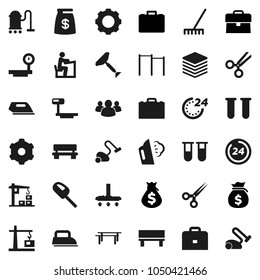 Flat vector icon set - scraper vector, vacuum cleaner, rake, steaming, student, case, money bag, horizontal bar, big scales, group, vial, scissors, data, gear, bench, construction crane, 24 hour