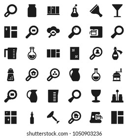 Flat vector icon set - scraper vector, window cleaning, shining, measuring cup, hand mill, spices, jug, jar, oil, magnifier, flask, glass, cargo search, potion, cloud, estate, client, coffee maker