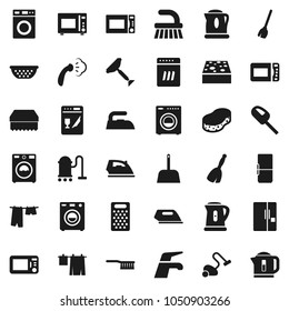 Flat vector icon set - scraper vector, broom, water tap, vacuum cleaner, fetlock, scoop, sponge, iron, steaming, drying clothes, washer, kettle, colander, grater, microwave oven, fridge, dishwasher