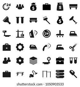Flat vector icon set - scraper vector, vacuum cleaner, iron, steaming, case, money bag, horizontal bar, big scales, group, vial, scissors, data, gear, bench, construction crane, 24 hour