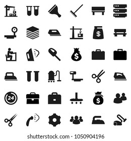 Flat vector icon set - scraper vector, vacuum cleaner, rake, iron, steaming, student, case, money bag, big scales, group, vial, scissors, data, gear, bench, construction crane, 24 hour