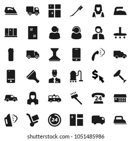 Flat vector icon set - scraper vector, vacuum cleaner, car fetlock, window cleaning, iron, steaming, agent, shining, woman, dollar cursor, phone 24, support, delivery, mobile, hospital building