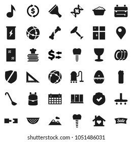 Flat vector icon set - scraper vector, vacuum cleaner, window cleaning, foam basin, agent, plates, shining, colander, cook timer, ladle, cookbook, corner ruler, backpack, music, exchange, calendar
