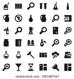 Flat vector icon set - scraper vector, window cleaning, shining, oil, measuring cup, hand mill, spices, jug, jar, magnifier, flask, no alcohol sign, glass, cargo search, vial, sand clock, potion