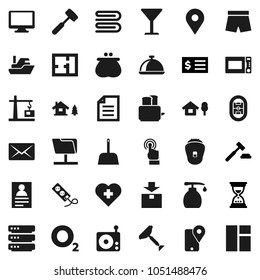 Flat vector icon set - scraper vector, scoop, towel, liquid soap, meat hammer, toaster, microwave oven, dish, document, personal information, auction, receipt, sand clock, shorts, heart cross, ship