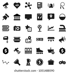 Flat vector icon set - scraper vector, fetlock, towel, pan, camping cauldron, telescope, paper pin, constellation, bank, dollar coin, graph, binder, medal, shield, heart pulse, jump rope, molecule