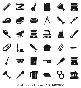 Flat vector icon set - scraper vector, broom, fetlock, sponge, toilet brush, pan, colander, measuring cup, cutting board, grater, double boiler, blender, sieve, pen, ruler, drawing compass, crutches