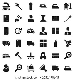 Flat vector icon set - scraper vector, vacuum cleaner, fetlock, car, window cleaning, iron, agent, shining, woman, delivery, cargo search, mobile phone, doctor, hospital building, amkbulance
