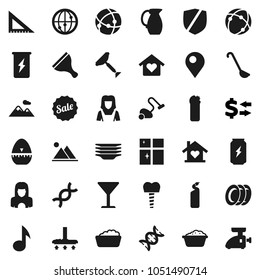 Flat vector icon set - scraper vector, vacuum cleaner, foam basin, cleaning agent, plates, shining window, woman, cook timer, ladle, jug, corner ruler, music, exchange, enegry drink, glass, internet