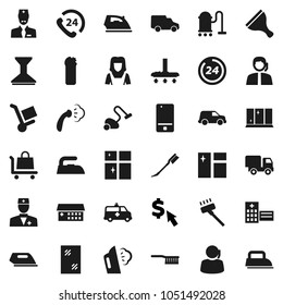 Flat vector icon set - scraper vector, vacuum cleaner, fetlock, car, window cleaning, iron, steaming, agent, shining, woman, dollar cursor, phone 24, support, mobile, doctor, hospital building, hour