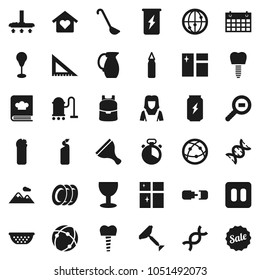 Flat vector icon set - scraper vector, vacuum cleaner, window cleaning, agent, plates, shining, woman, colander, cook timer, ladle, cookbook, jug, corner ruler, backpack, punching bag, enegry drink