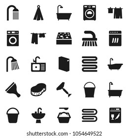 Flat vector icon set - scraper vector, fetlock, bucket, sponge, towel, bath, drying clothes, washer, washing powder, shower, sink, dishwasher