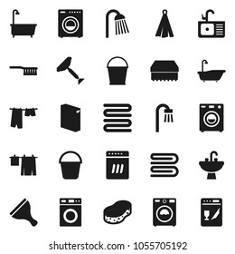Flat vector icon set - scraper vector, fetlock, bucket, sponge, towel, bath, drying clothes, washer, washing powder, shower, sink, dishwasher