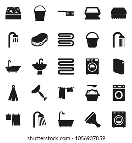 Flat vector icon set - scraper vector, fetlock, bucket, sponge, towel, bath, drying clothes, washer, washing powder, shower, sink