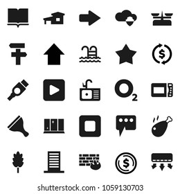 Flat vector icon set - scraper vector, shining window, sink, cereal, chicken leg, book, exchange, dollar coin, arrow up, pool, oxygen, play button, stop, hdmi, cloud shield, firewall, message, star