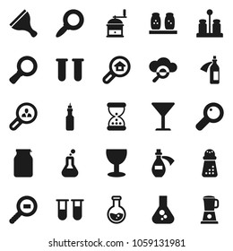 Flat vector icon set - scraper vector, hand mill, spices, jar, oil, magnifier, flask, glass, cargo search, vial, sand clock, potion, cloud, estate, client, blender