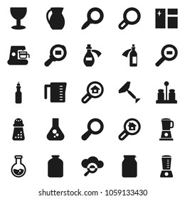 Flat vector icon set - scraper vector, window cleaning, measuring cup, hand mill, spices, jug, jar, oil, magnifier, flask, glass, cargo search, potion, cloud, estate, coffee maker, blender