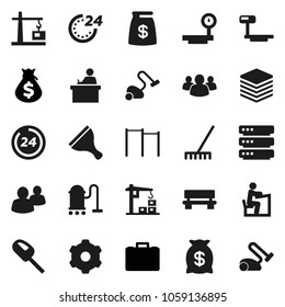 Flat vector icon set - scraper vector, vacuum cleaner, rake, student, money bag, case, horizontal bar, big scales, group, data, gear, bench, construction crane, 24 hour
