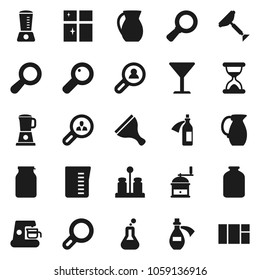 Flat vector icon set - scraper vector, shining window, measuring cup, hand mill, spices, jug, jar, magnifier, glass, flask, sand clock, potion, client search, coffee maker, blender