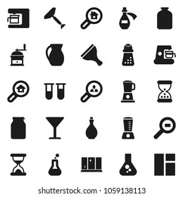 Flat vector icon set - scraper vector, shining window, oil, hand mill, jug, jar, flask, glass, cargo search, vial, sand clock, potion, estate, client, coffee maker, blender