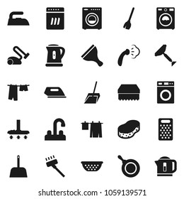 Flat vector icon set - scraper vector, broom, vacuum cleaner, scoop, sponge, iron, steaming, drying clothes, washer, water tap, pan, kettle, colander, grater, dishwasher