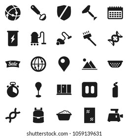 Flat vector icon set - scraper vector, vacuum cleaner, window cleaning, foam basin, agent, shining, colander, cook timer, ladle, backpack, punching bag, enegry drink, calendar, protected, internet