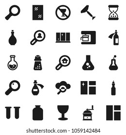 Flat vector icon set - scraper vector, window cleaning, shining, oil, hand mill, jar, magnifier, flask, no alcohol sign, glass, vial, sand clock, potion, cloud, search estate, client, coffee maker