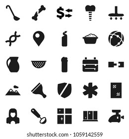 Flat vector icon set - scraper vector, vacuum cleaner, window cleaning, foam basin, agent, shining, woman, colander, ladle, jug, backpack, exchange, protected, ambulance star, dna, broken bone, pin